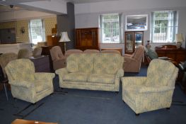 Three Piece Suite in Cream & Blue Upholstery Compr