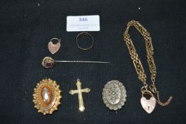 Vintage Rolled Gold Brooches, Bracelet, Crucifix,