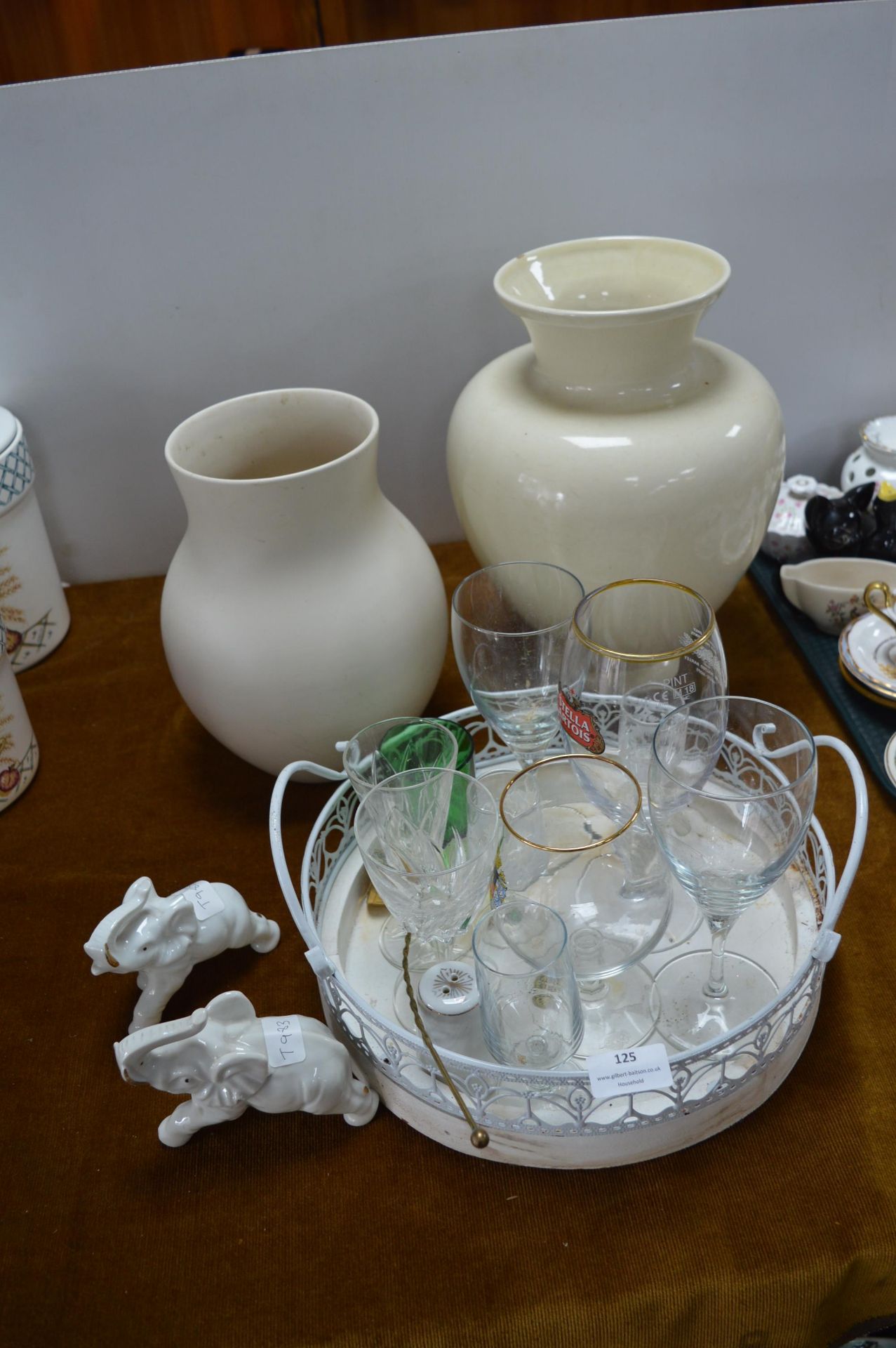 Tray of Glassware, Two Elephant Ornaments and Two