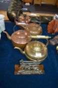 Four Copper and Brass Kettles plus Letter Rack