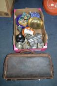 Pottery, Metalware, Teapots, and an Old Leather Ca