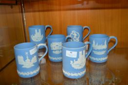 Six Wedgwood Blue & White Jasperware Tankards