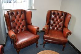 Two Red Leather Chesterfield Wingback Armchairs
