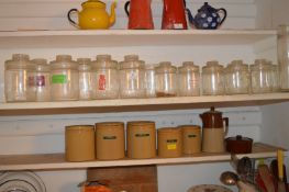 Two Shelves of Vintage Storage Jars, Pots, etc. (A