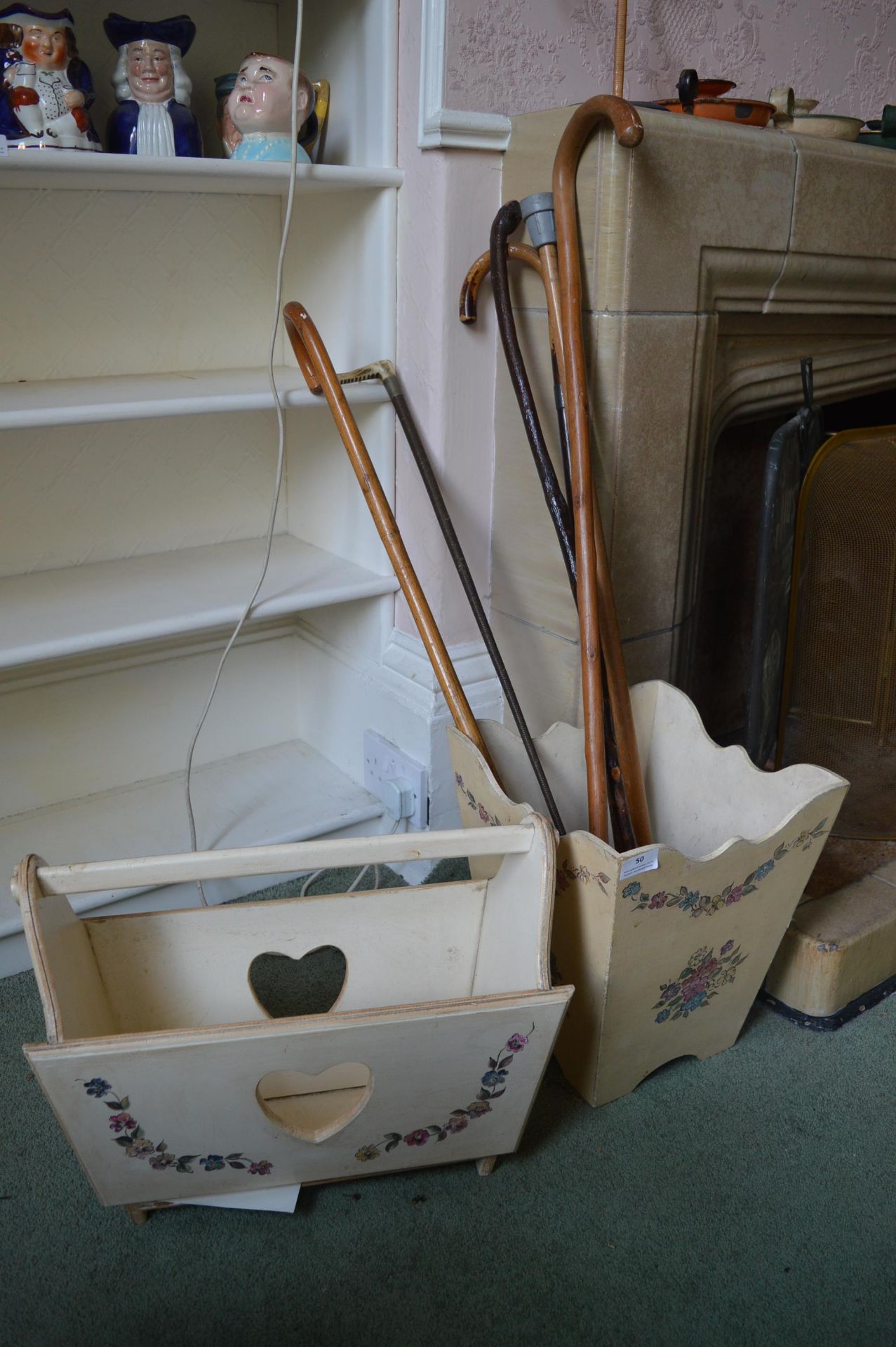 Wooden Magazine Rack, Wooden Bin, Quantity of Walking Canes, and a Riding Whip