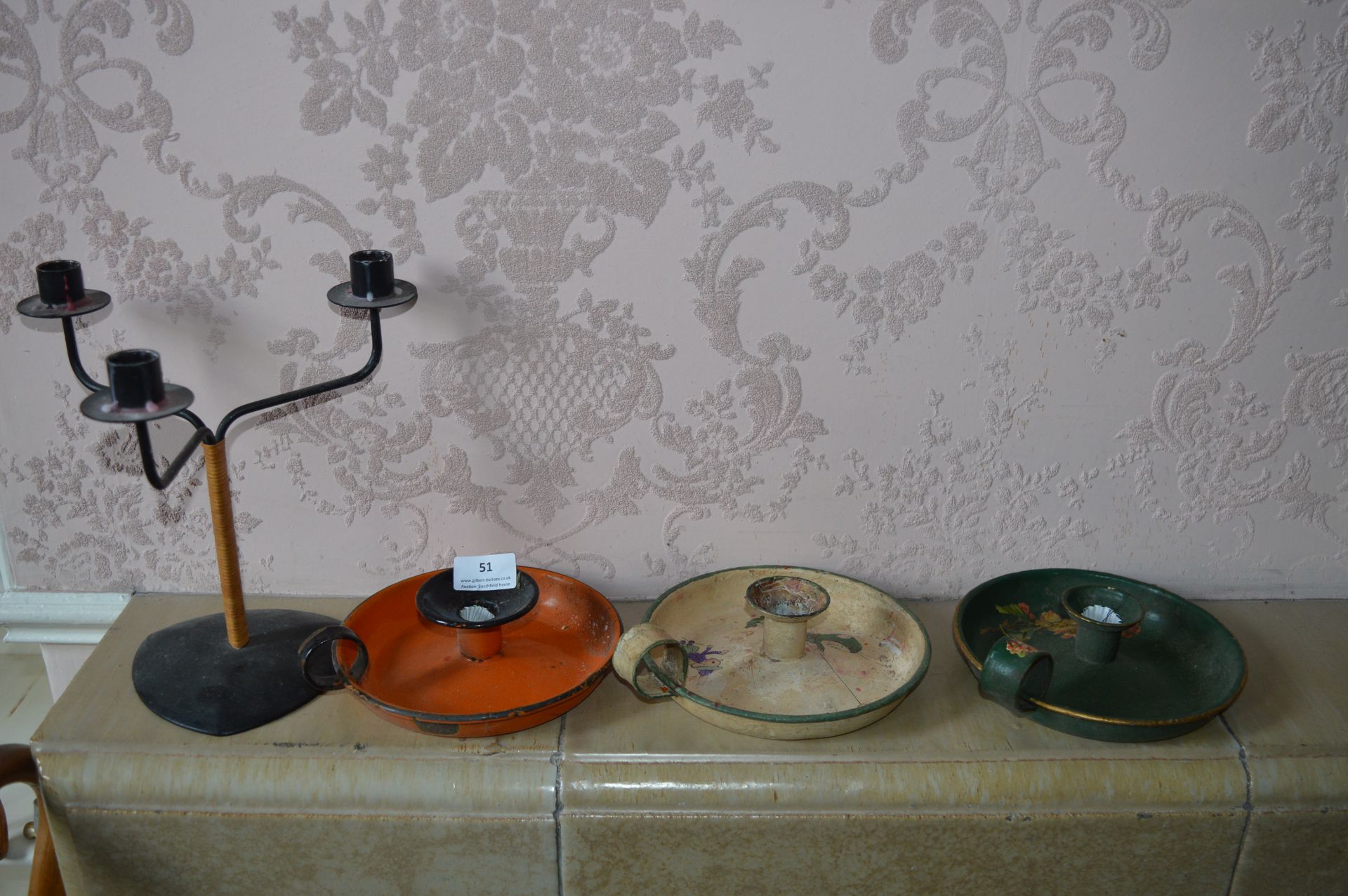 Three Enamel Candle Holders and One Other