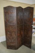 Antique Hand Painted Leather Three Panel Folding Screen