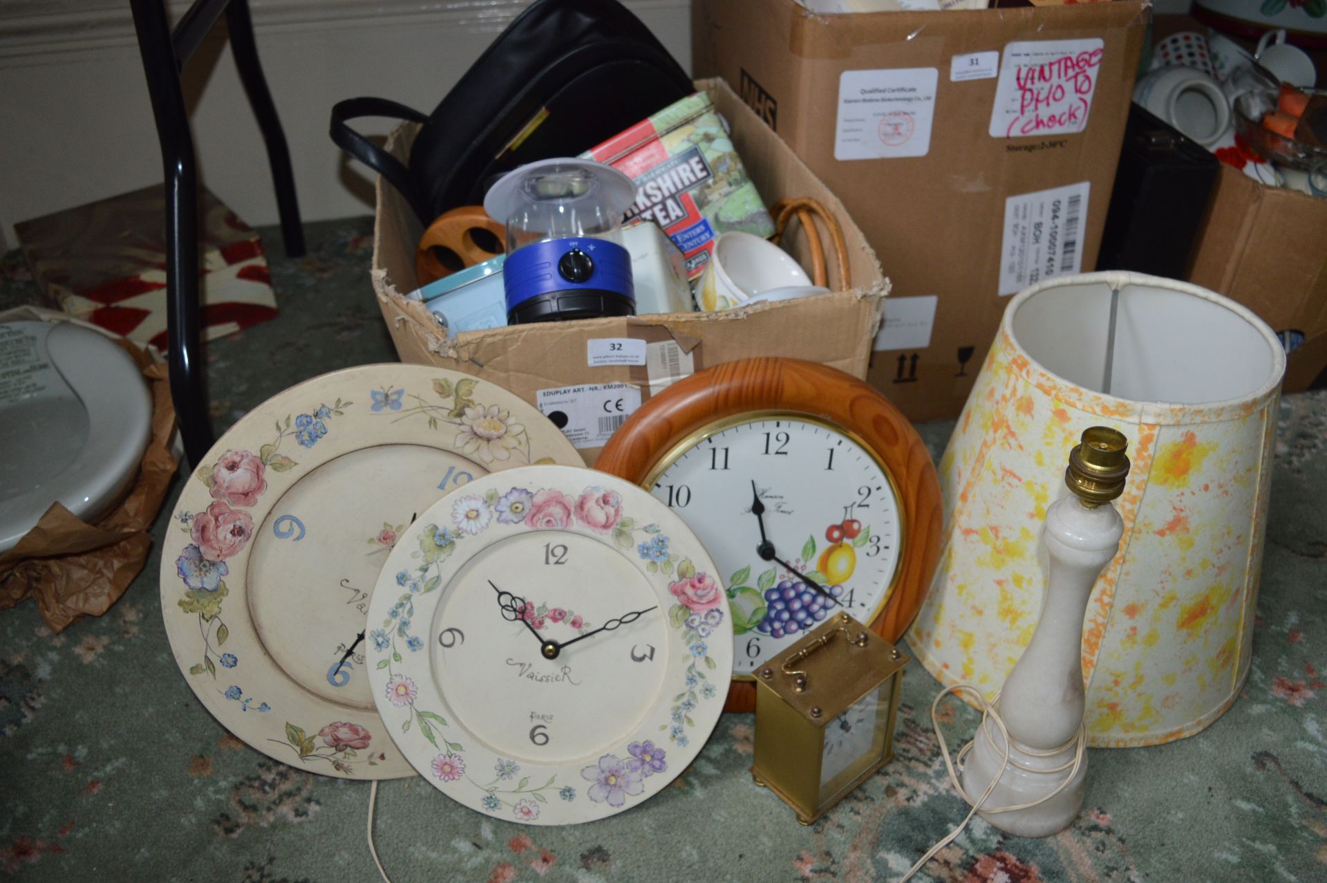 Box Containing Clocks, Lamps and Kitchen Items, etc.