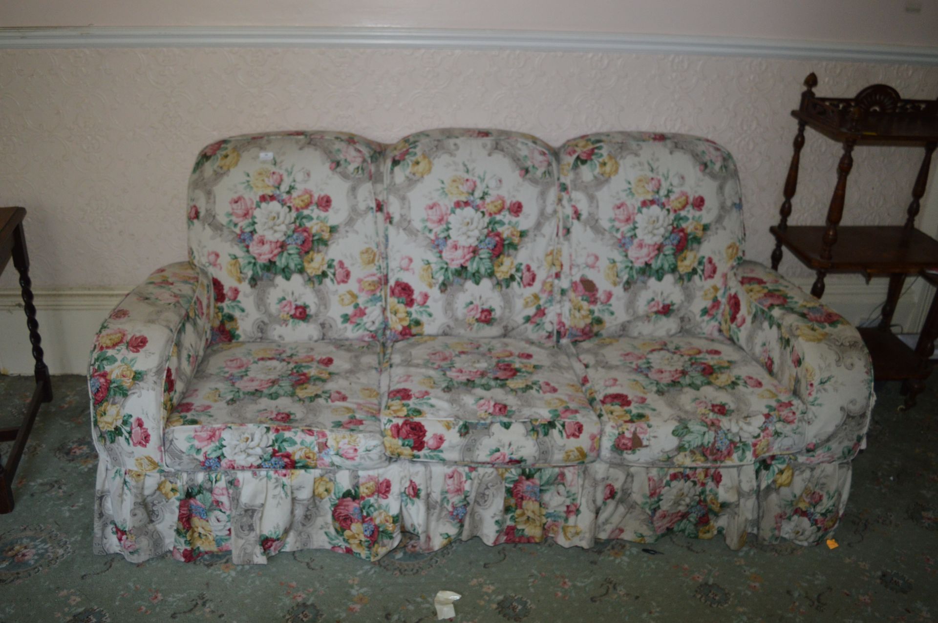 Floral Upholstered Slab End Three Seat Sofa