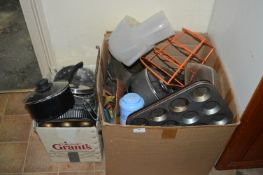 Two Boxes of Kitchenware, Trays, etc.