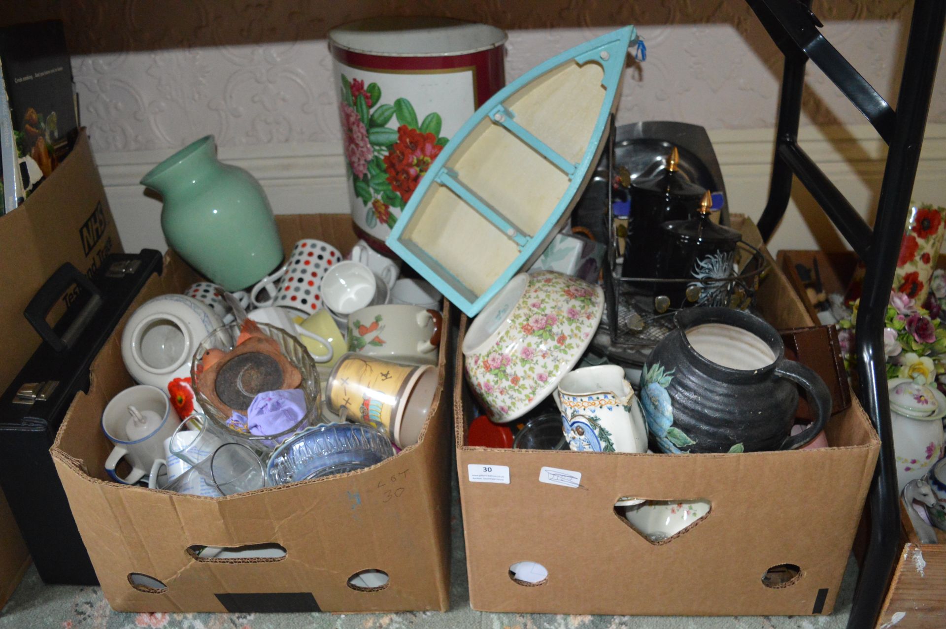 Two Boxes of Assorted Kitchen Items, Mugs, Bowls, etc.