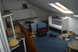 Contents of an Attic Room to Include; Wooden Bed, Cot, Various Suitcases, etc.