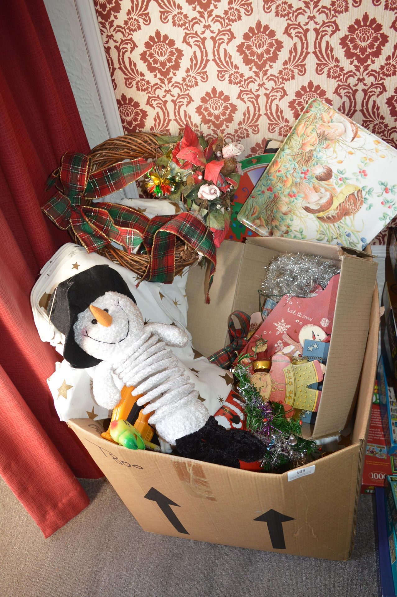 Box Containing Assorted Christmas Decorations, Tablecloths, Trays, etc.
