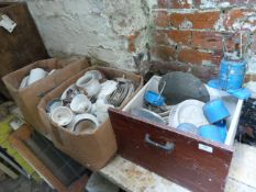 Shelf and Three Boxes of Crockery, Camping Gas Stove, and Various Loose Timber, etc.