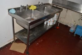 Stainless Steel Double Bowl Commercial Sink Unit with Pillar Taps and Undershelf