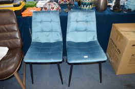 *Pair of Petrol Blue Velvet Upholstered Square Stitch Chairs