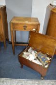 1930's Light Oak Side Table with Drawer plus Sewing Box and Contents