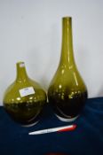 Two Retro Green Glass Vases