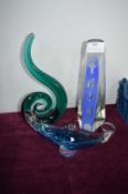 Three Glass Ornaments - (Glass Art Sculpture, Obelisk, Murano Boat)