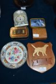Decorative Mantel Clocks, Plates, Tins and an Key Rack