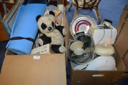 Two Boxes of Household Goods; Soft Toys, Pottery, Glassware, Toasters, etc.