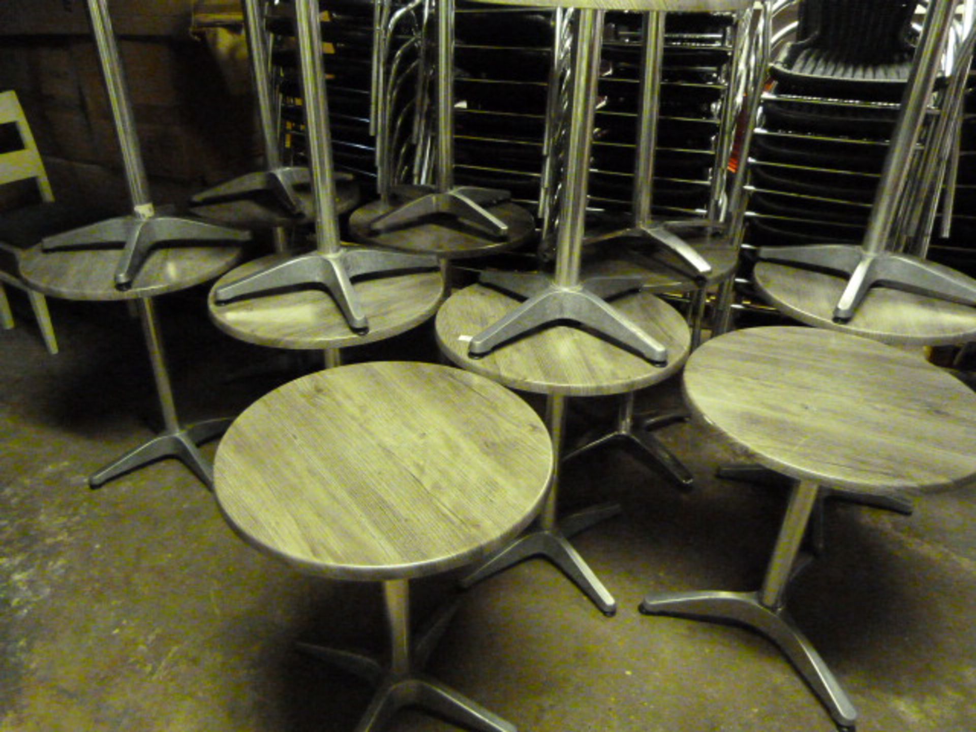 *Sixteen Single Pedestal Tables with Gray Wood Effect Tops ~60cm diameter