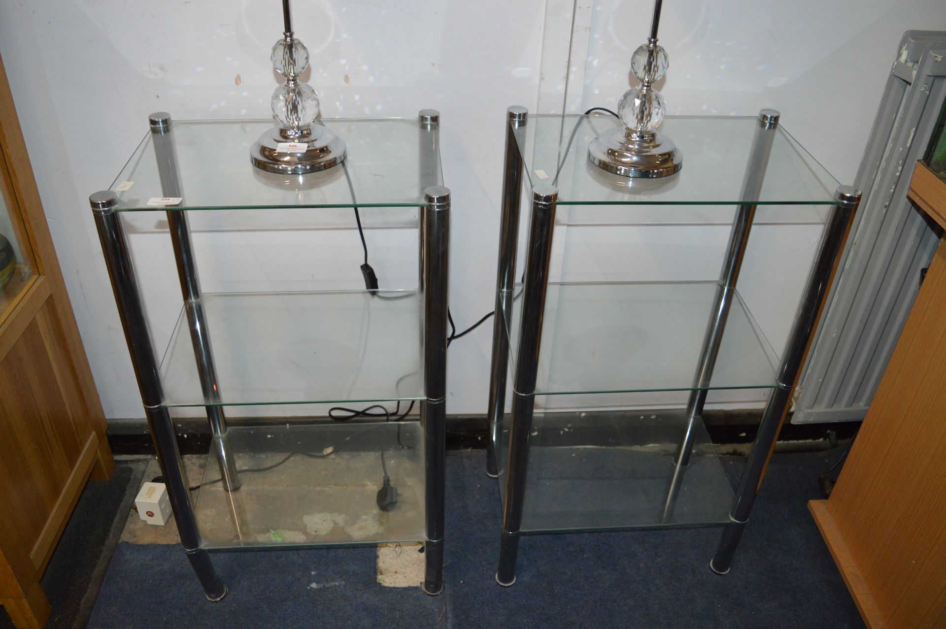 Pair of Chrome & Glass Shelf Units