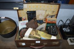 Vintage Small Suitcase Containing Cameras, Tins, P