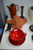 Terracotta Wall Planter, 1980s Cup & Saucer, Hornsea Coffee Pot Metal Kingfisher Model, etc.