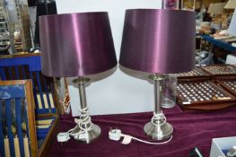 Pair of Brushed Steel Table Lamps with Purple Shad