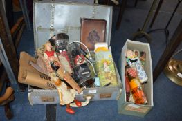 Vintage Case and Contents; Dolls, EPNS Vase, etc.