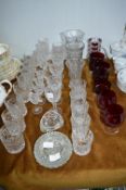 Cut Crystal Tumblers, Vases, and Red Glass Goblets