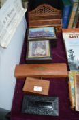 Five Decorative Wooden Boxes and a Letter Rack