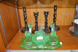 1930's Green Glass Dressing Table Set and four Bar