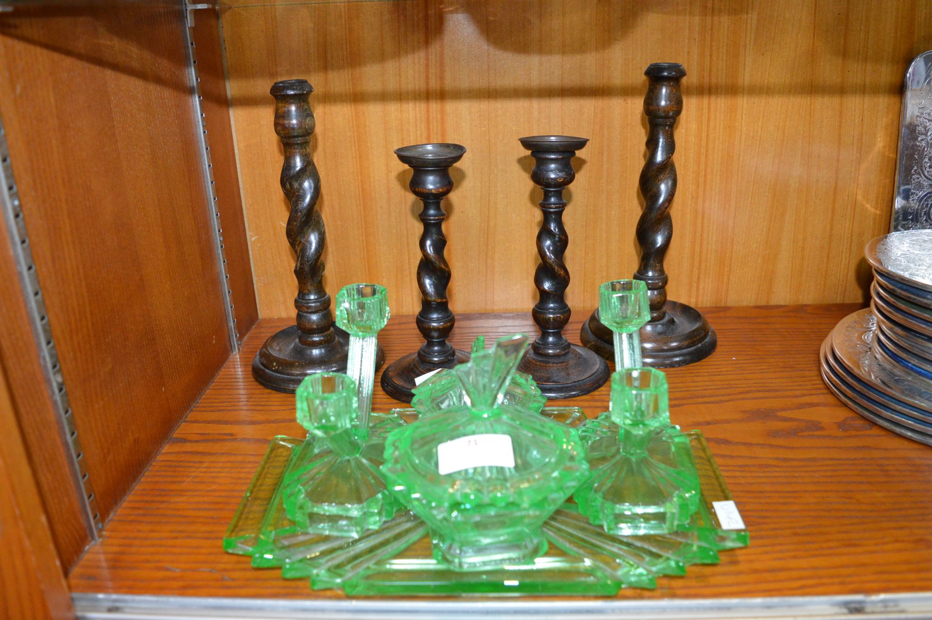 1930's Green Glass Dressing Table Set and four Bar