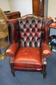 Red Leather Chesterfield Wingback Armchair (slight