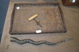 Carved Wooden Tray, Horn Toasting Fork, and a Cork