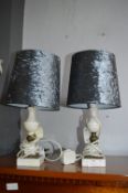 Pair of White Marble Table Lamps with Silver Velve