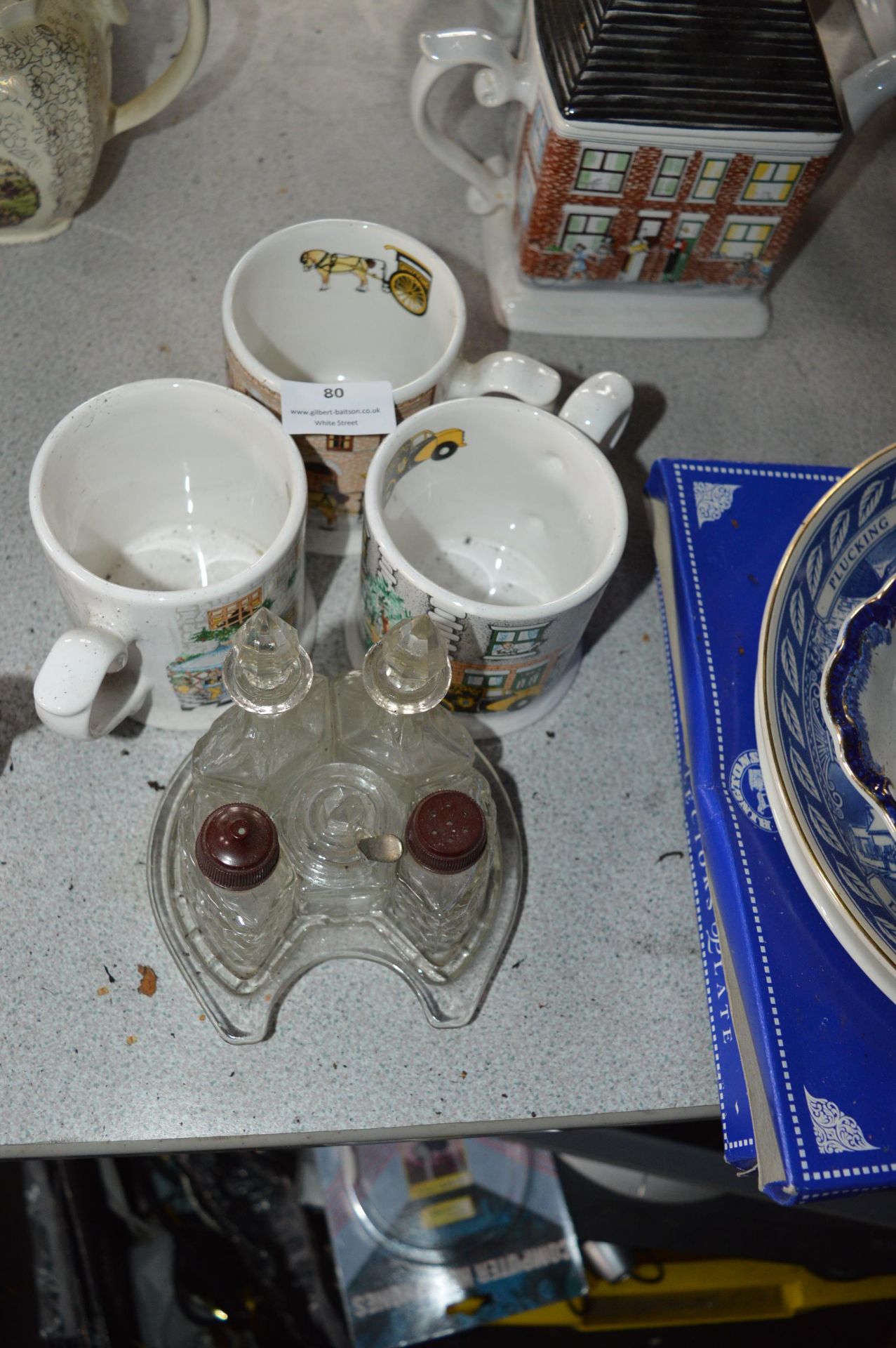Cut Glass Cruet Set and Three Mugs