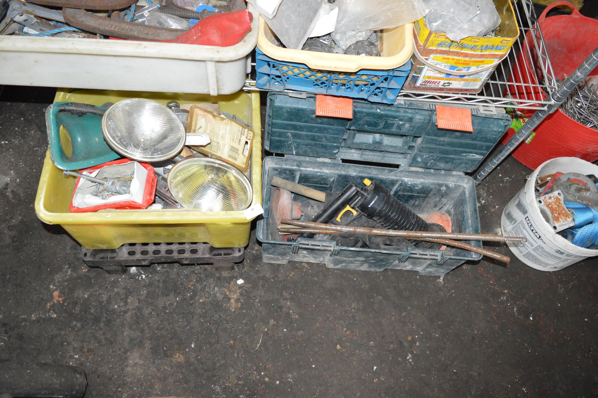 Box Containing Assorted Vehicle Headlamps, and a Toolbox Containing Plumbing Tools, etc