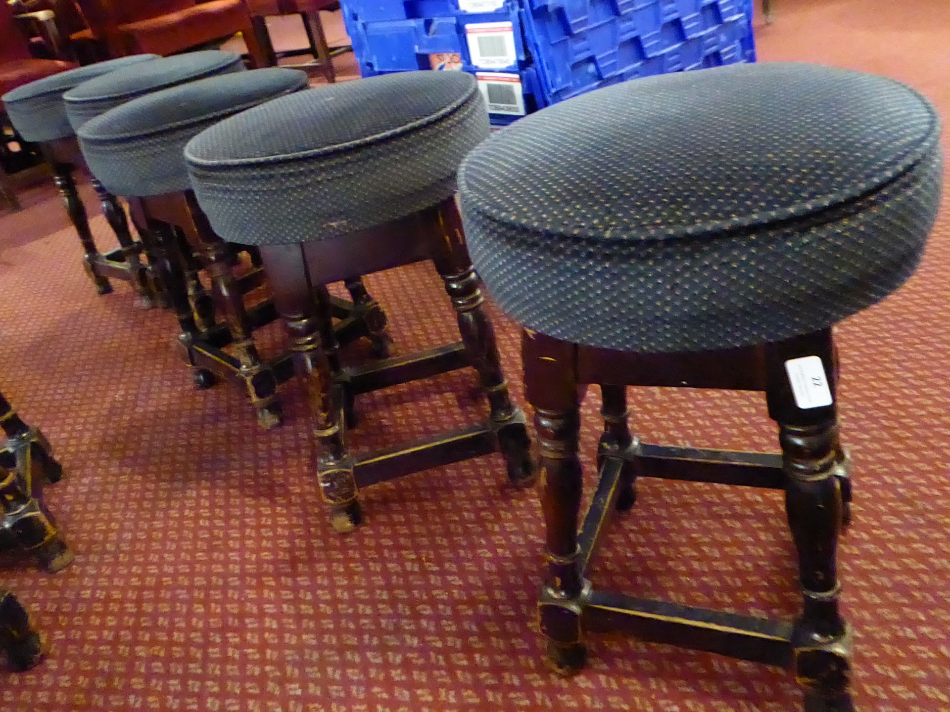 * 5 blue upholstered pub stools, bar wear