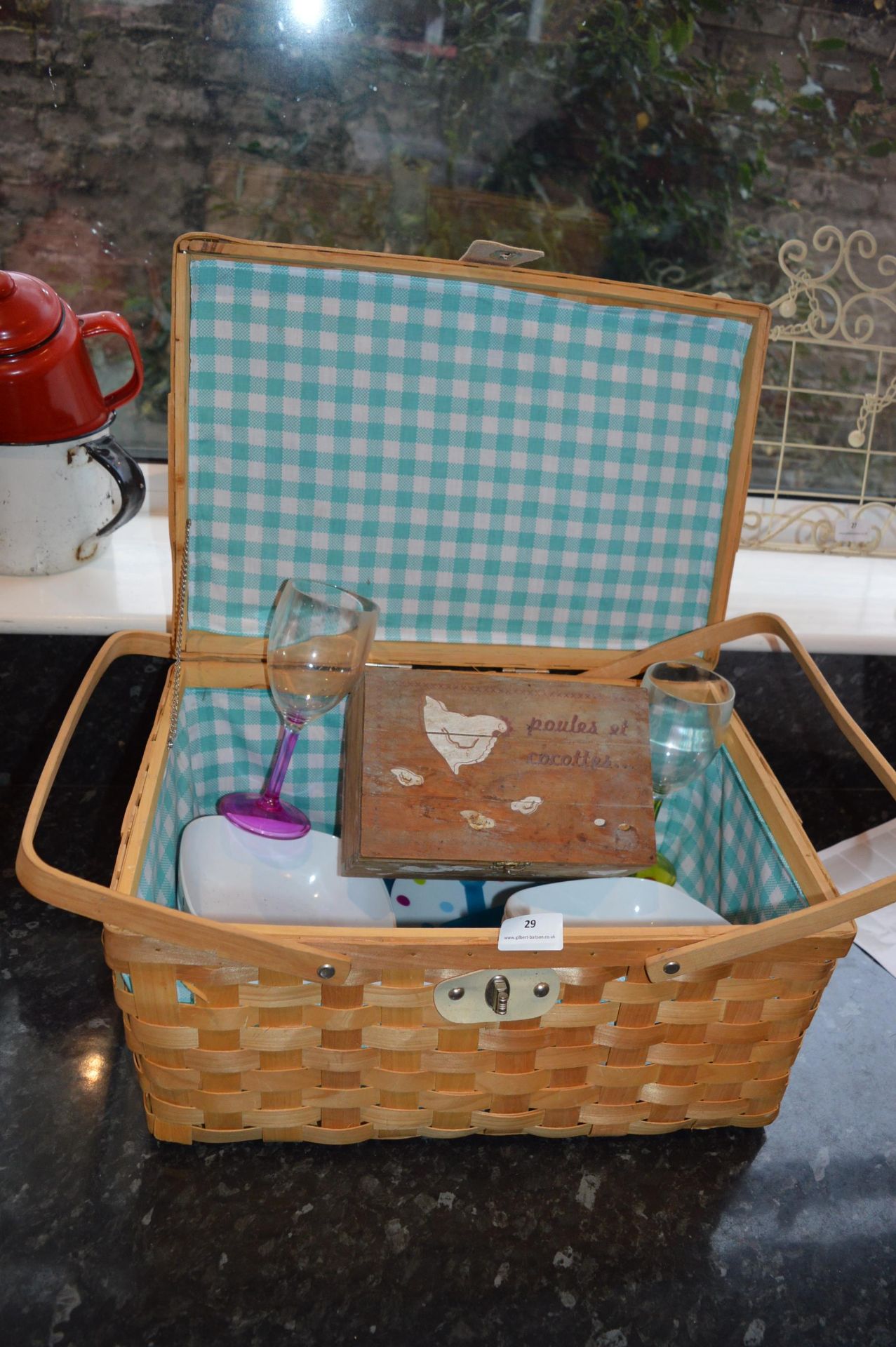 Picnic Basket Containing a Decorative French Egg Box, Pottery, etc.