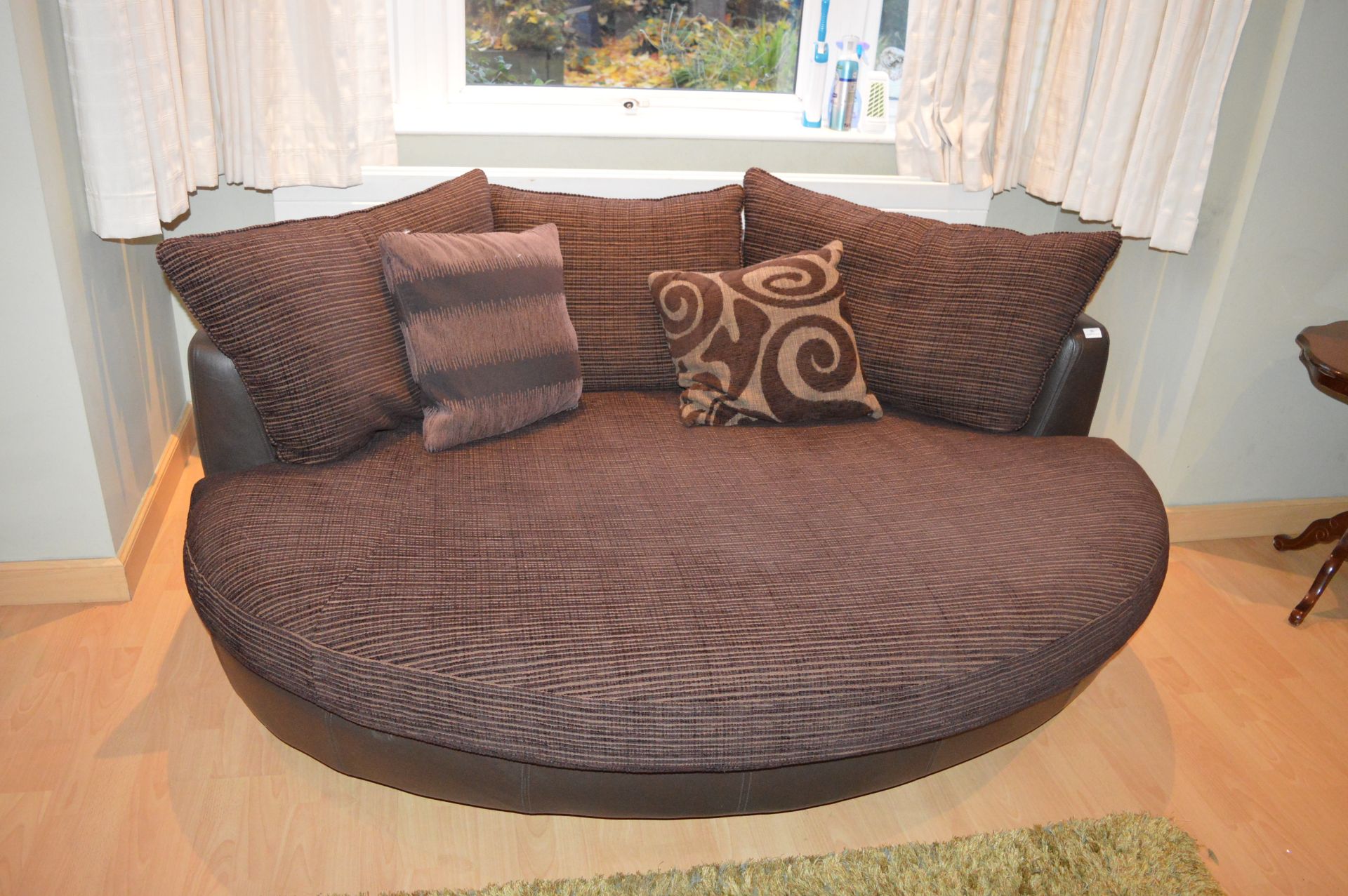 Brown Leatherette and Fabric Semi Circular Love Seat