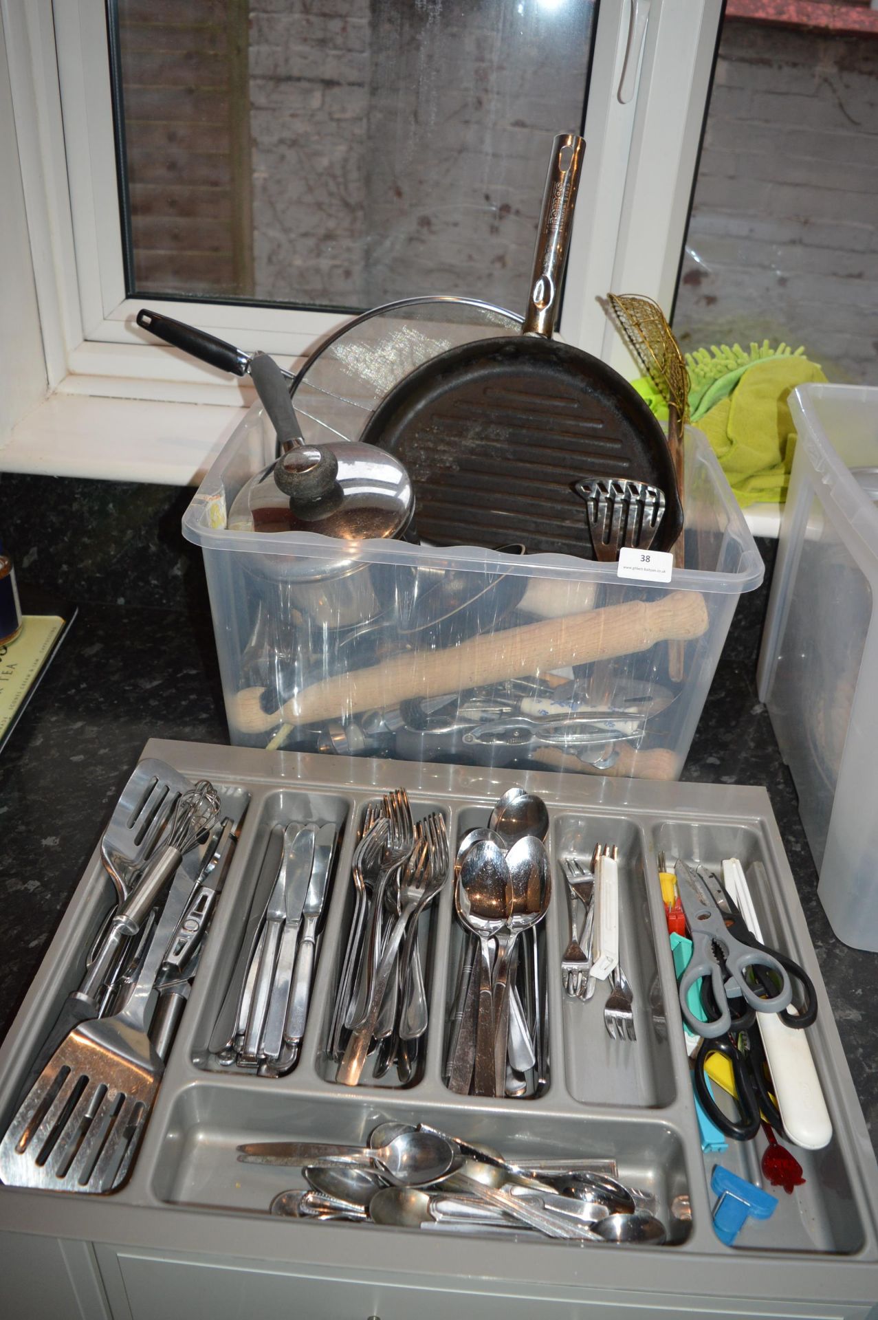 Box of Kitchen Equipment plus a Drawer Organiser and Contents of Cutlery and Utensils