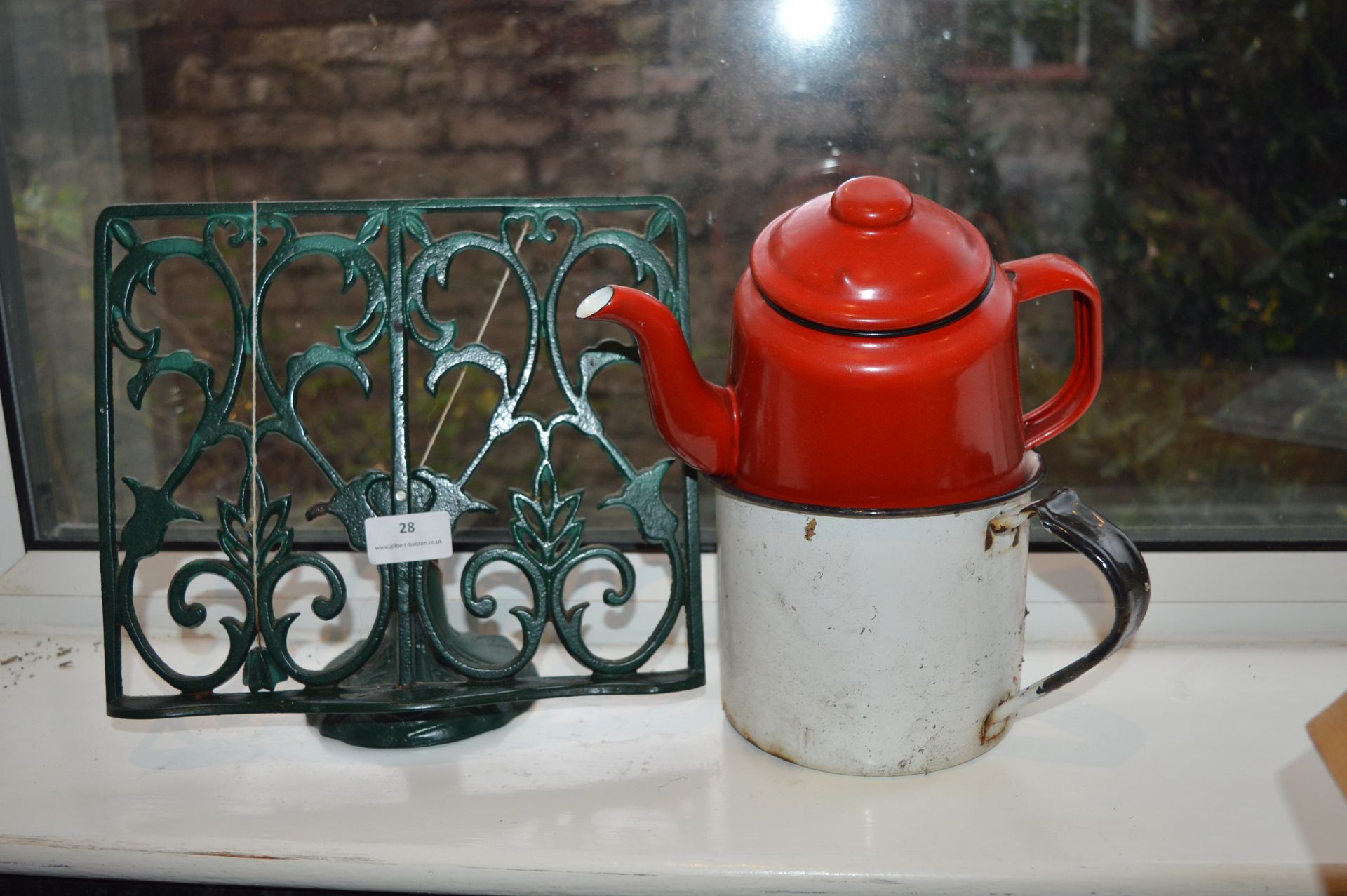 Kitchen Book Stand, Large Enamel Mug, and a Teapot