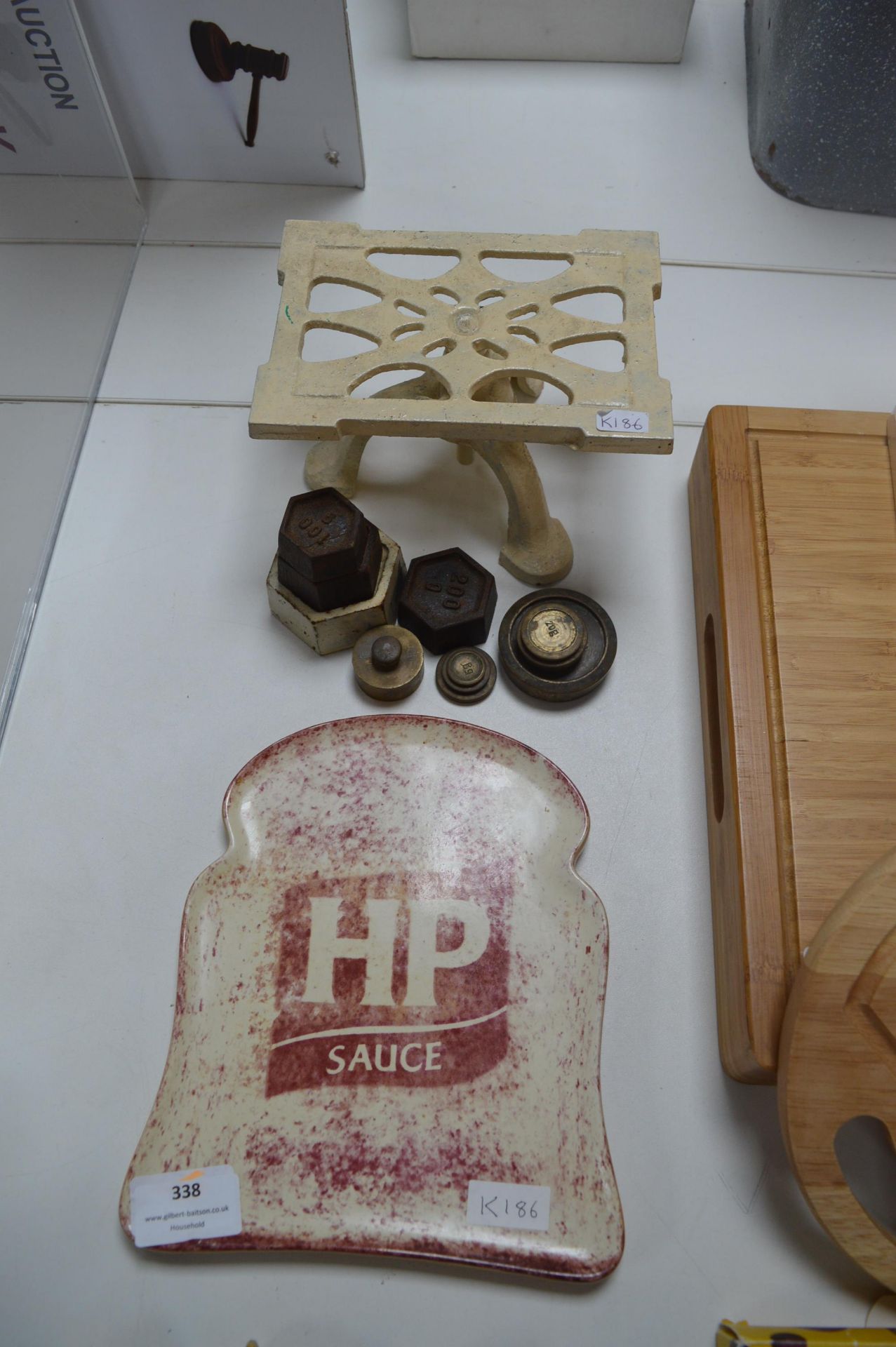 HP Sauce Bread Plate, Trivet and Vintage Weights