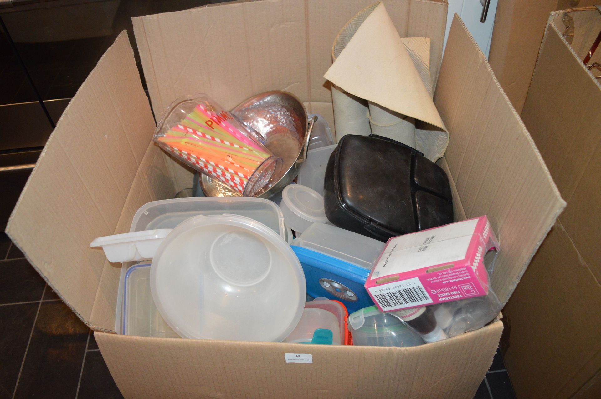 Large Box of Assorted Plastic and Other Storage Boxes, Baking Equipment, etc.