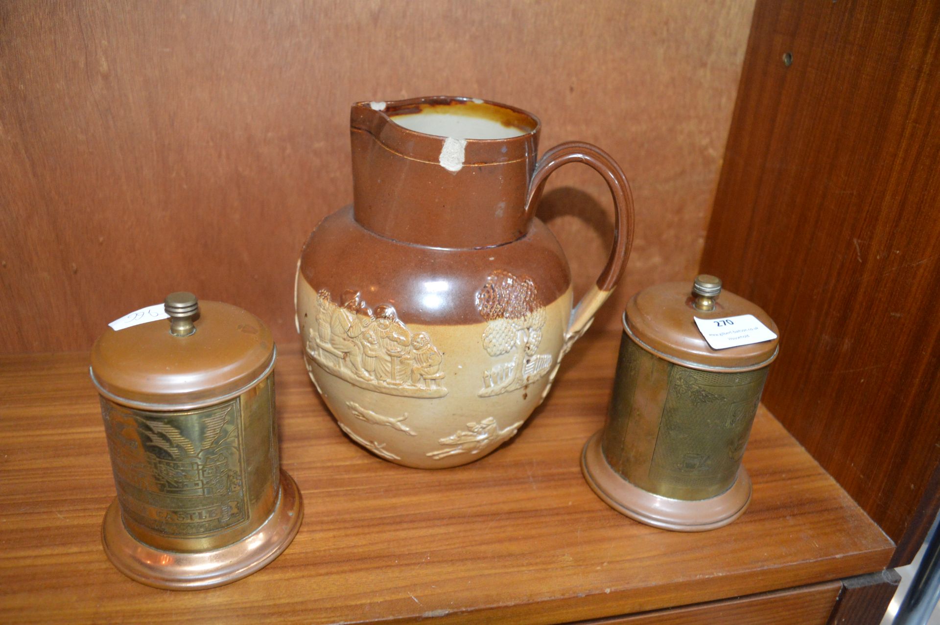 Doulton Harvest Jug (AF), and Two Brass Tea Caddie