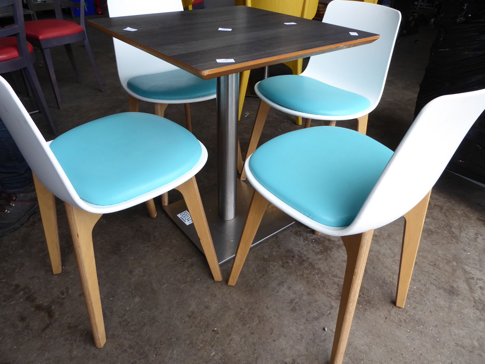 * set of table and 4 chairs - white chairs with turquoise base had and heavy-duty brushed