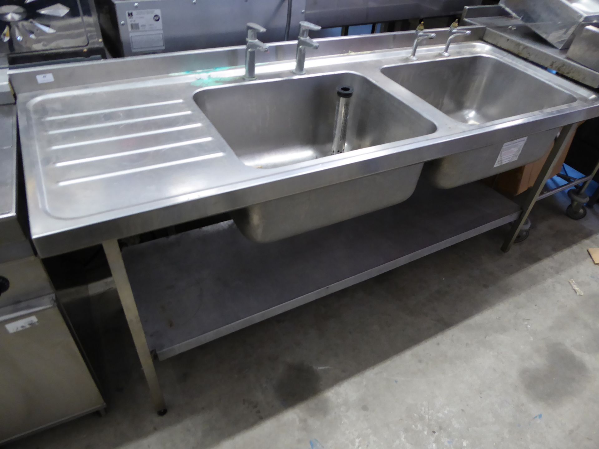 * stainless steel double sink with large bowls and left hand drainer 1800 x 650 x 850